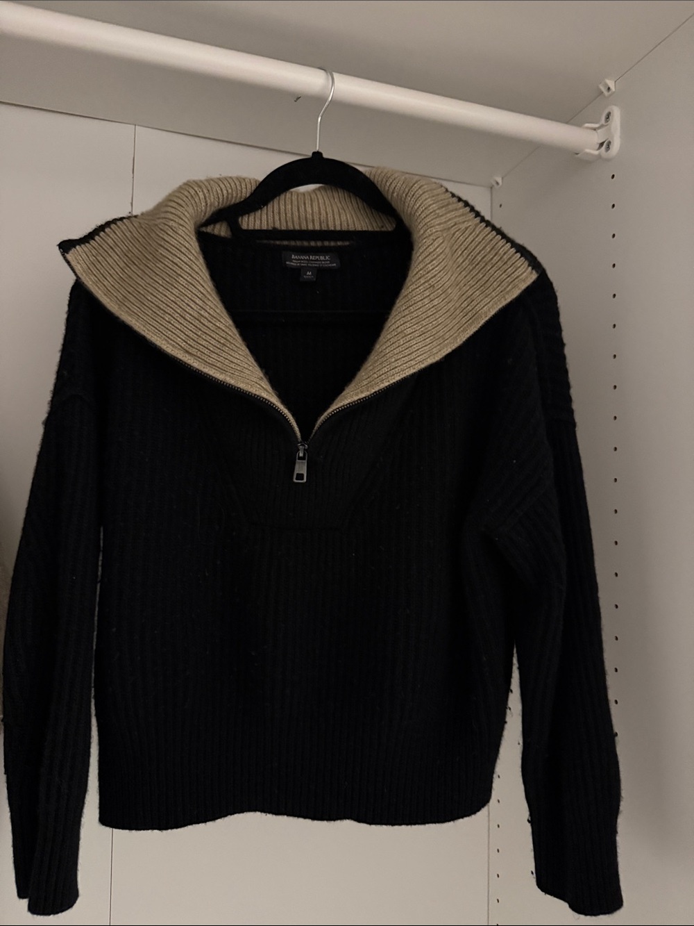 Banana Republic Black Zip-Up Sweater with Cream Shawl Collar